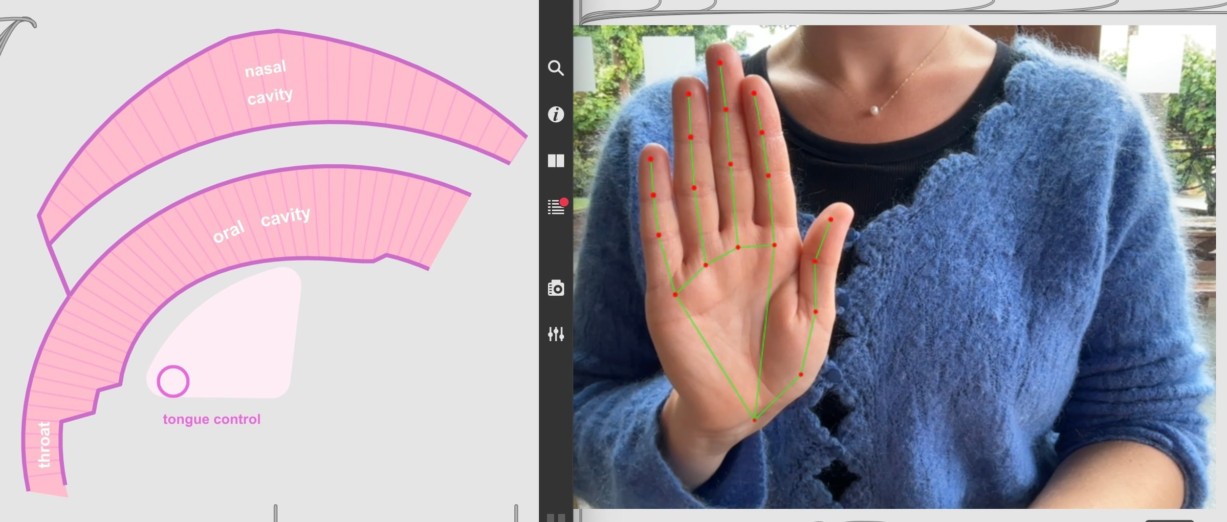 A hand with computer-vision landmark tracking overlaid, beside a vocal tract diagram
